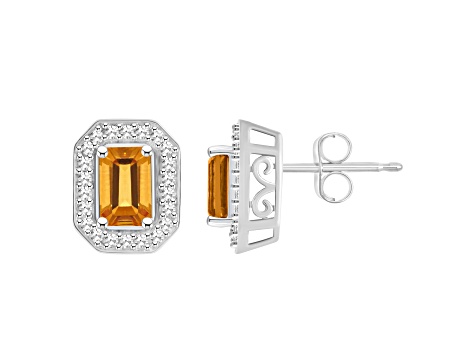 6x4mm Emerald Cut Citrine 1/5 ctw Diamond Rhodium Over Sterling Silver Halo Stud Earrings