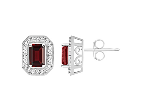 6x4mm Emerald Cut Garnet 1/5 ctw Diamond Rhodium Over Sterling Silver Halo Stud Earrings