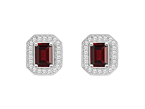 6x4mm Emerald Cut Garnet 1/5 ctw Diamond Rhodium Over Sterling Silver Halo Stud Earrings