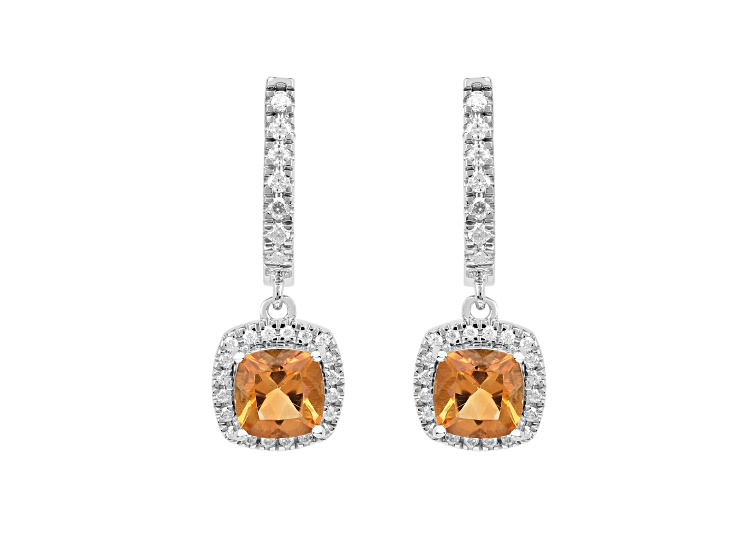 Yellow Cushion Citrine earrings with Moissanite Rhodium Over Sterling Silver Halo Drop Earrings