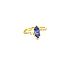 18K Yellow Gold Over Sterling Silver Marquise Tanzanite and White Zircon Ring 1.15ctw