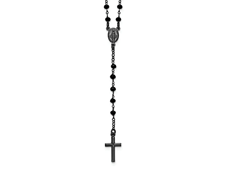 Black Rhodium Over Sterling Silver Crystal 18.5-inch with 0.5-inch Extension Rosary Necklace