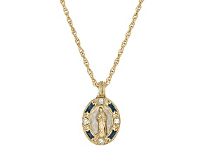 1928 Jewelry Gold Tone Crystal Blue Enamel Virgin Mary Pendant Necklace