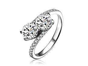 Rhodium Plated over Sterling Silver with Two Clear Cubic Zirconia Partial Pave Bypass Ring