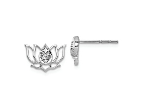 Rhodium Over 14K White Gold Diamond Lotus Flower Stud Earrings