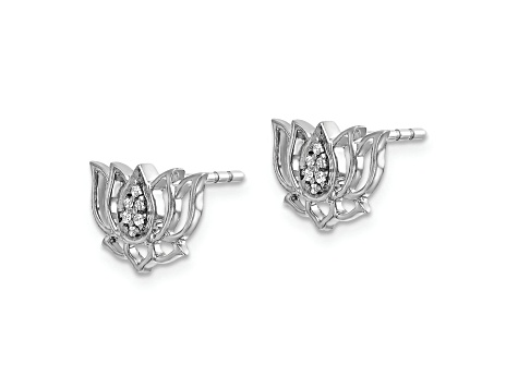 Rhodium Over 14K White Gold Diamond Lotus Flower Stud Earrings