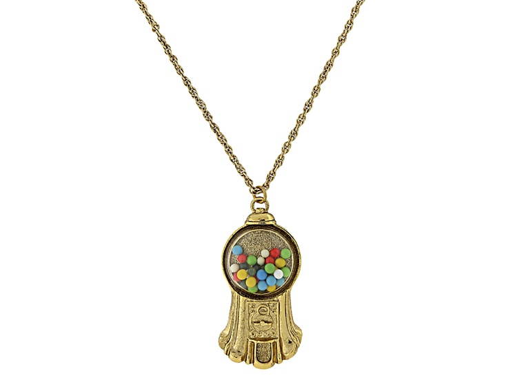 1928 Jewelry Gold-Tone Brass Multi-Color Gumball Machine Pendant With Chain 30 Inch