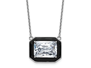 Rhodium Over Sterling Silver Polished Black Enamel and Cubic Zirconia Necklace