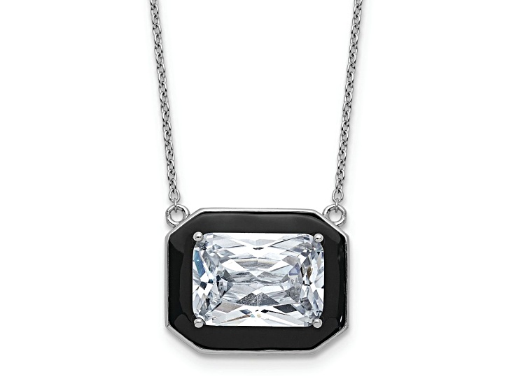 Rhodium Over Sterling Silver Polished Black Enamel and Cubic Zirconia Necklace