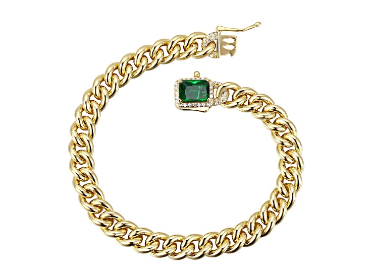 Green Color Cubic Zirconia, 14k Gold Plated over Sterling Silver Curb Chain Bracelet