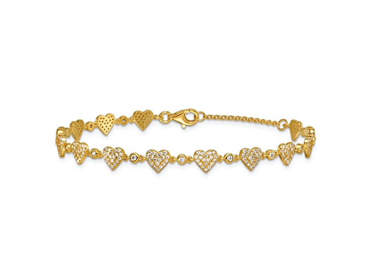18K Yellow Gold Over Sterling Silver Polished Pave Cubic Zirconia Hearts Bracelet