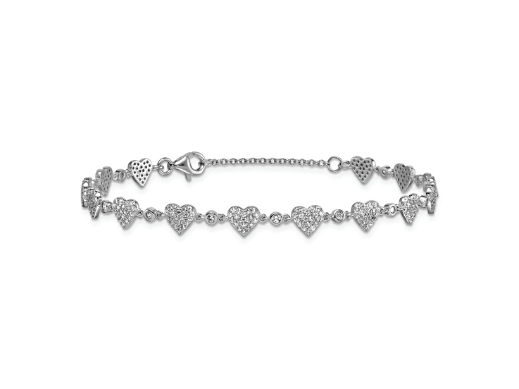 Rhodium Over Sterling Silver Polished Pave Cubic Zirconia Hearts 7 Inch with 1 Inch Ext Bracelet