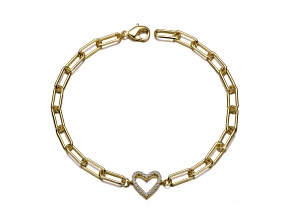 Clear Cubic Zirconia, 14K Gold Plated over Brass Open Heart Halo Paperclip Link Bracelet