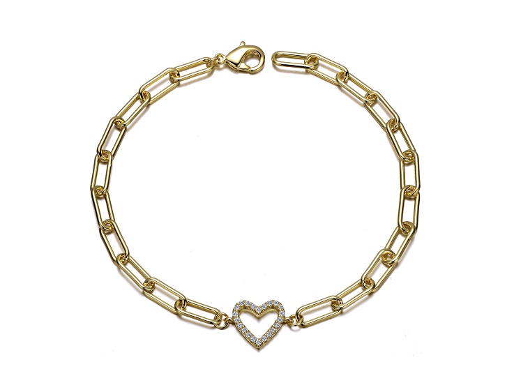 Clear Cubic Zirconia, 14K Gold Plated over Brass Open Heart Halo Paperclip Link Bracelet