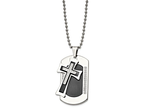 White Cubic Zirconia Stainless Steel Black IP-plated Men's Cross Dog Tag Pendant With Chain