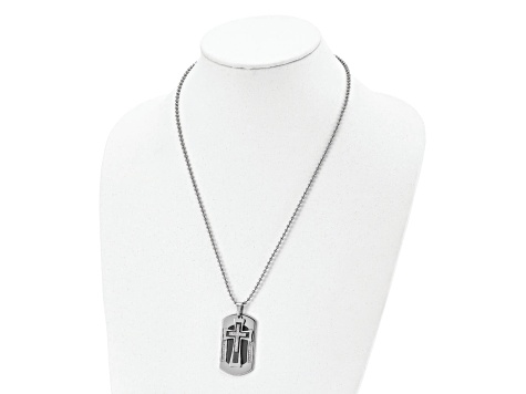 White Cubic Zirconia Stainless Steel Black IP-plated Men's Cross Dog Tag Pendant With Chain