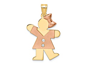 14k Yellow Gold and 14k Rose Gold Satin Diamond Kid with Bow Pendant