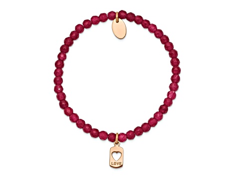 Rose Stainless Steel Polished LOVE Red Jade Stretch Bracelet