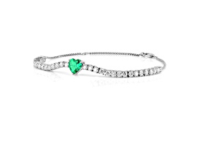 Lab Created Emerald and Moissanite Accent Sterling Silver Heart Shape Tennis Bracelet