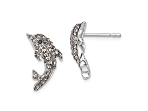 Rhodium Over Sterling Silver Pale Blue Crystal Dolphin Post Earrings