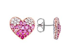 Pink Sapphire, Ruby, White Zircon Rhodium & 18k Rose Gold Over Palladium Silver Earrings 1.58ctw