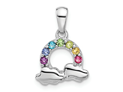 Rhodium Over Sterling Silver Crystal Rainbow and Clouds Children's Pendant