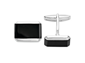 Sterling Silver Rhodium-plated Rectangle Onyx Cuff Links