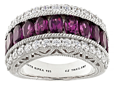 Judith Ripka 2.75ctw Rhodolite & 1.10ctw Bella Luce® Rhodium Over Sterling Silver Textured Band Ring