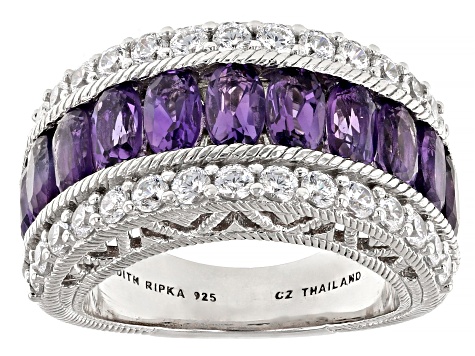 Judith Ripka 2.40ctw Amethyst & 2.80ctw Bella Luce® Rhodium Over Sterling Silver Textured Band Ring