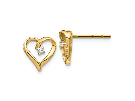 14k Yellow Gold 10mm AA Diamond Heart Stud Earrings