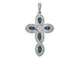 Rhodium Over 14K White Gold White and Blue Diamond Cross Pendant