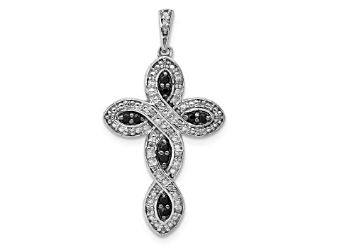 Rhodium Over 14K White Gold White and Black Diamond Cross Pendant