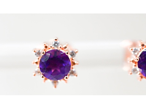 Amethyst and CZ 0.84 Ctw Round 18K Rose Gold Over Sterling Silver Button type Earrings.