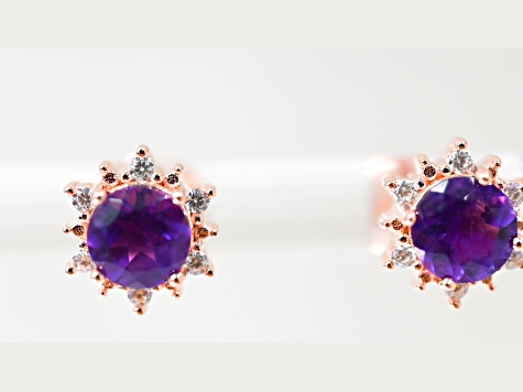 Amethyst and CZ 0.84 Ctw Round 18K Rose Gold Over Sterling Silver Button type Earrings.