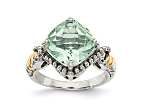 Sterling Silver with 14K Accent Antiqued Prasiolite Cushion Ring