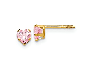 14k Yellow Gold 4mm Pink Cubic Zirconia Heart Earrings