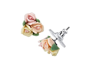 1928 Jewelry Gold-Tone Ivory and Pink Porcelain Rose Button Earrings