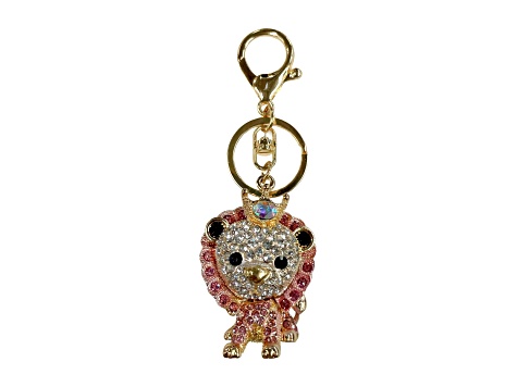 Gold Tone Pink and Clear Crystal Lion Key Chain