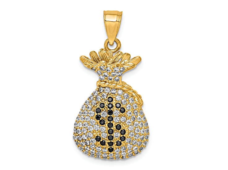 10k Yellow Gold Textured Black and Clear Micro Pave Set Cubic Zirconia Money Bag Pendant