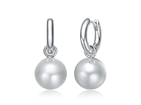 White Pearl, Rhodium Plated over Brass Drop Hoop Earrings 14ZR1A