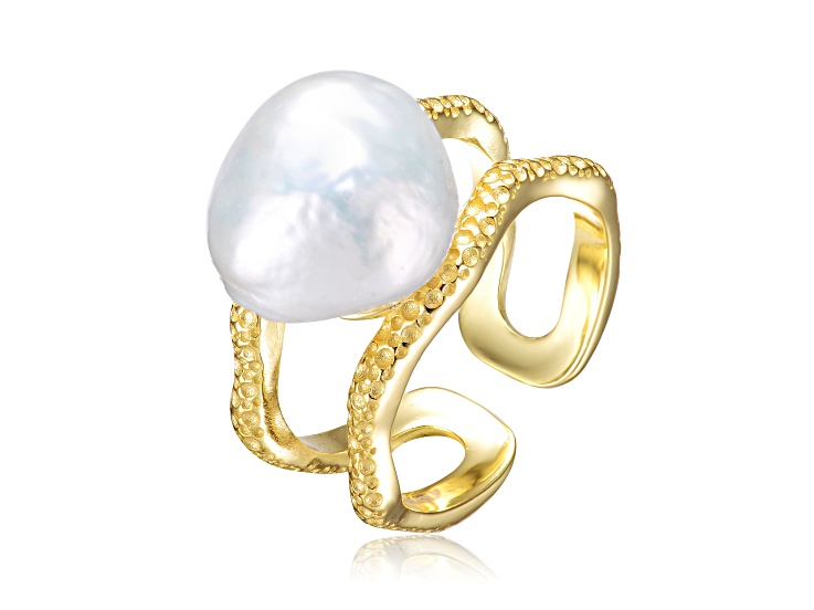 Genuine Freshwater Pearl, 14K Yellow Gold Plated over Sterling Silver Contemporary Ring