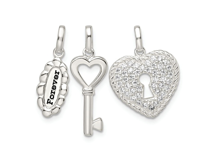 Sterling Silver Antiqued Cubic Zirconia 3 Piece Forever Pendant Set