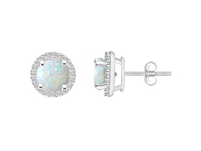 6mm Round Created Opal And Created White Sapphire 10k White Gold Halo Stud Earrings