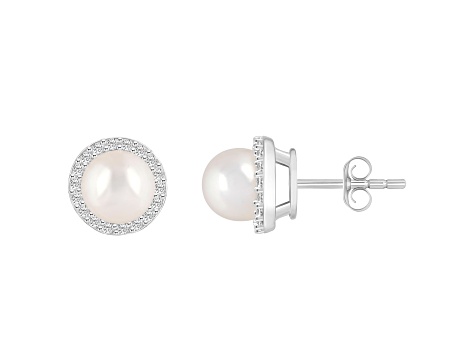 6mm Cultured Freshwater Pearl And Created White Sapphire 10k White Gold Halo Stud Earrings