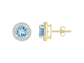 6mm Round Simulated Aquamarine And Created White Sapphire 10k Yellow Gold Halo Stud Earrings