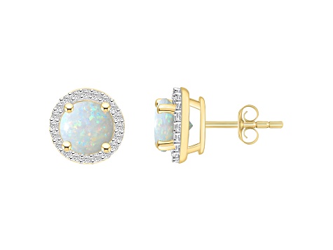 6mm Round Created Opal And Created White Sapphire 10k Yellow Gold Halo Stud Earrings
