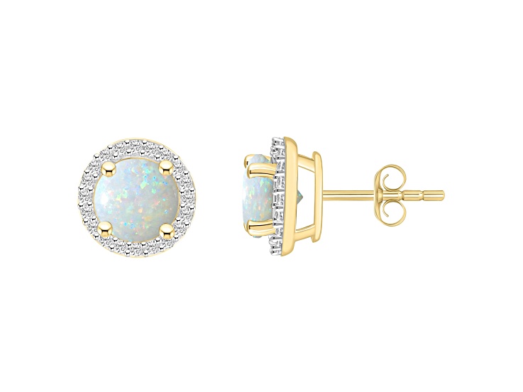 6mm Round Created Opal And Created White Sapphire 10k Yellow Gold Halo Stud Earrings