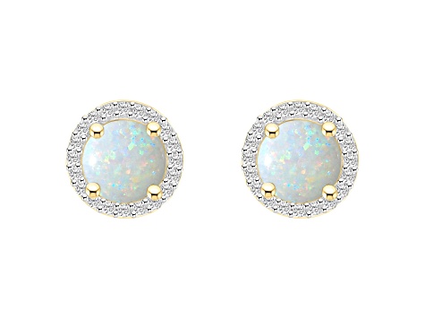 6mm Round Created Opal And Created White Sapphire 10k Yellow Gold Halo Stud Earrings