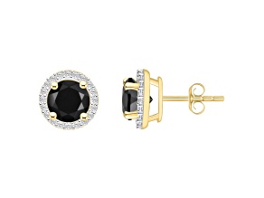 6mm Round Black Onyx And Created White Sapphire 10k Yellow Gold Halo Stud Earrings