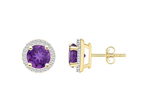 6mm Round Amethyst And Created White Sapphire 10k Yellow Gold Halo Stud Earrings